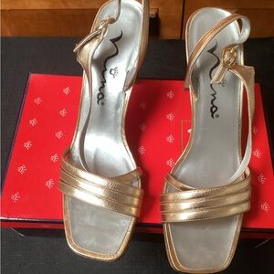 Nina Metallic Gold Heeled Sandals, size 9.5
